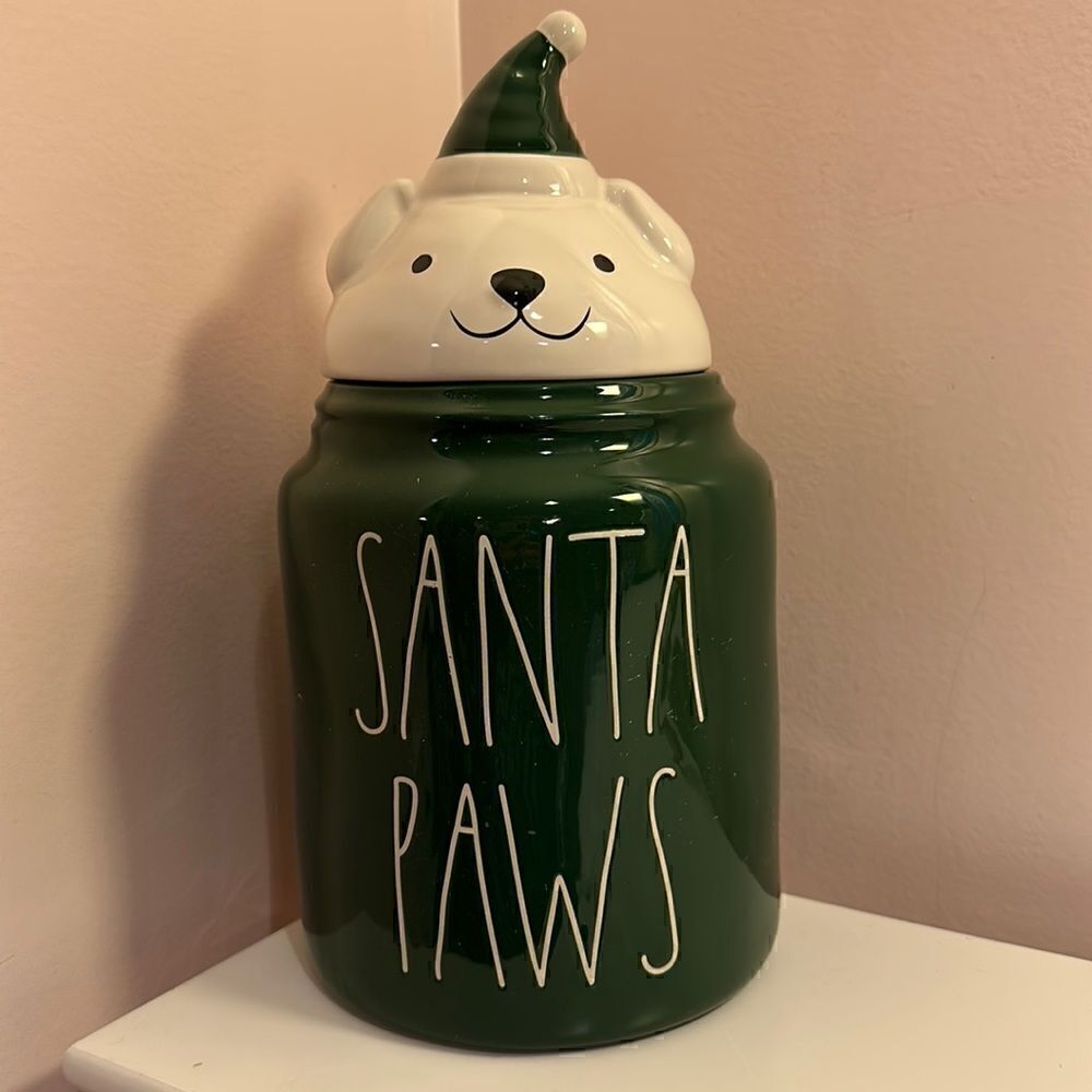 Rae Dunn SANTA PAWS Canister with Figural Dog Lid, Green and White